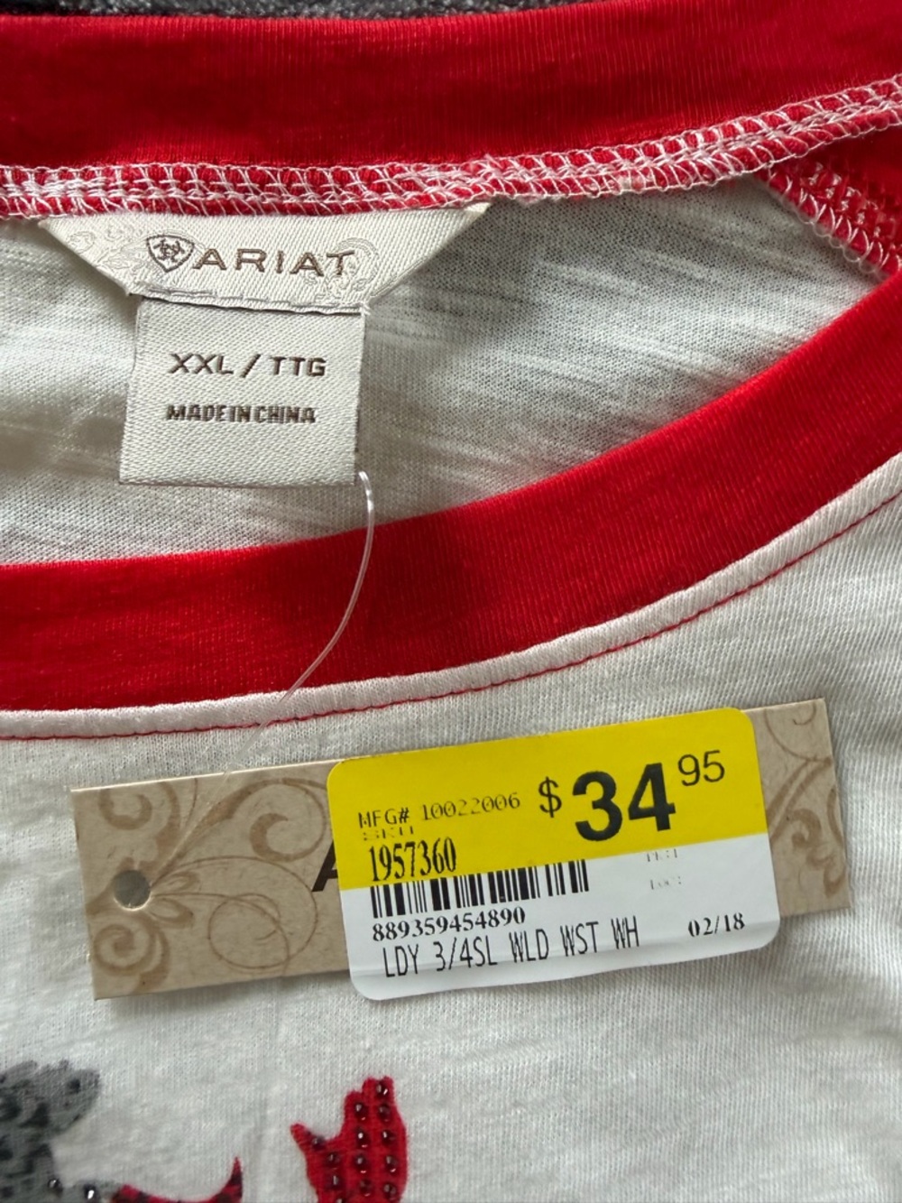 Ariat Red and White Raglan Long-Sleeve Tee with Rodeo Bucking Horse - Picture 3 of 7
